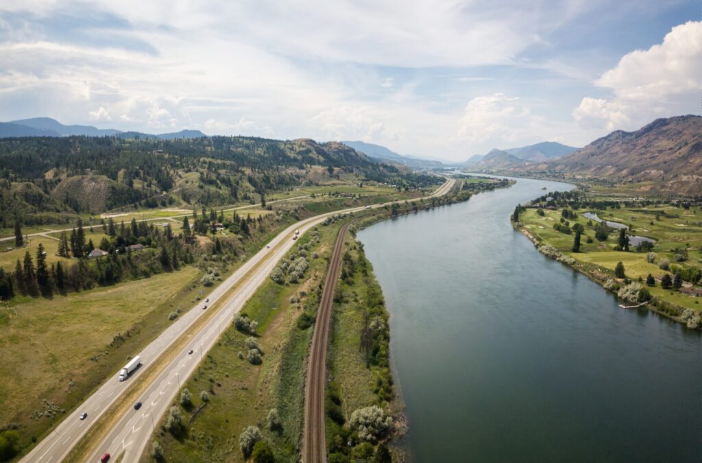 Aerial view of Trans-Canada Highway near Thompson River